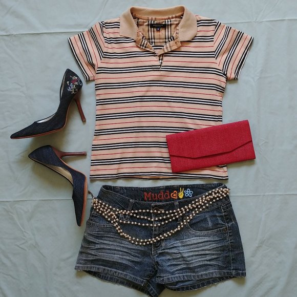 Burberry Tops - Burberry Striped Polo Tee - Peach and Black